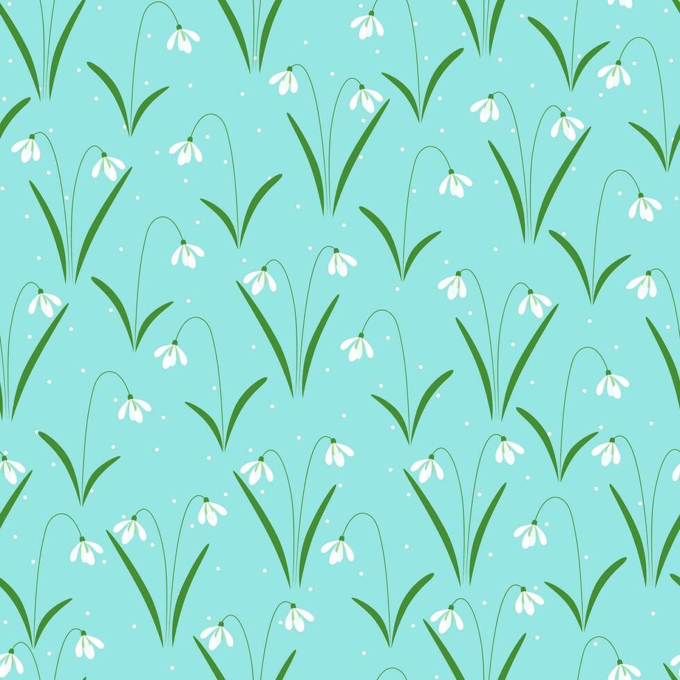 snowdrops flor em azul fundo mão desenhado vetor desatado padronizar. Páscoa Primavera Projeto