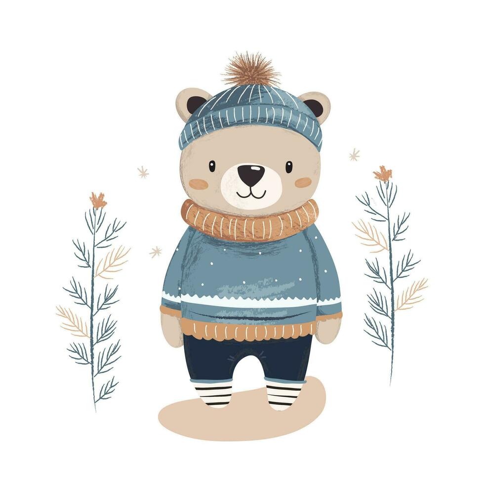 ilustração do uma fofa pequeno cinzento Urso dentro uma azul suéter e chapéu Próximo para uma pinho árvore. animal personagem para uma pacote ou têxtil imprimir. vetor