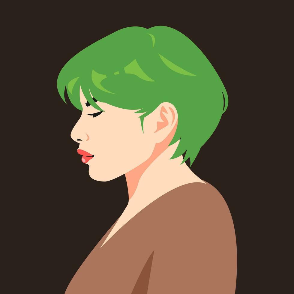 retrato do menina com verde curto cortar Penteado, bixie, prumo duende. lado visualizar. adequado para avatar, social meios de comunicação perfil, imprimir, etc. plano vetor gráfico.