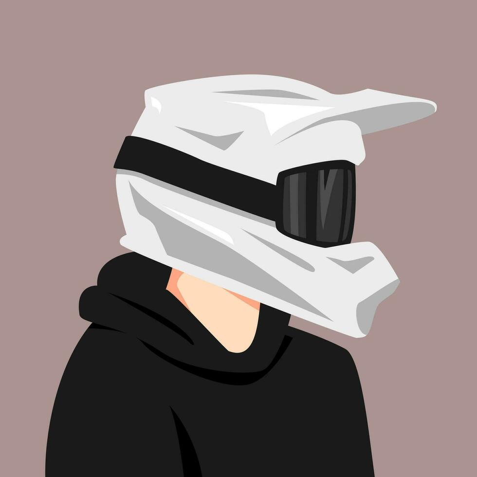 retrato do uma homem vestindo uma motocross cavaleiro capacete e vestindo uma suéter. lado visualizar. adequado para avatar, social meios de comunicação perfil, imprimir, etc. plano vetor gráfico.