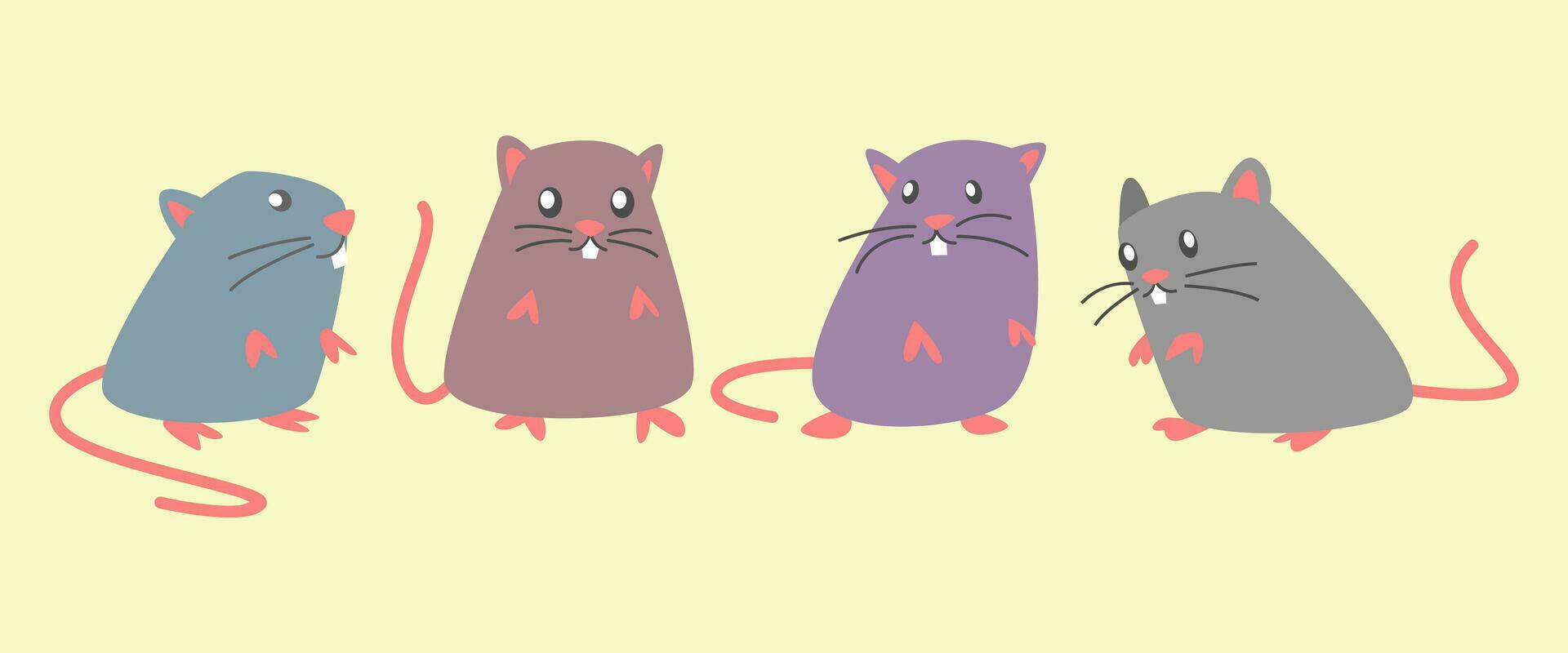 alguns fofa ratos com diferente em pé poses e cores. plano desenho animado. ratos, rato, animal, roedor gráfico vetor definir.