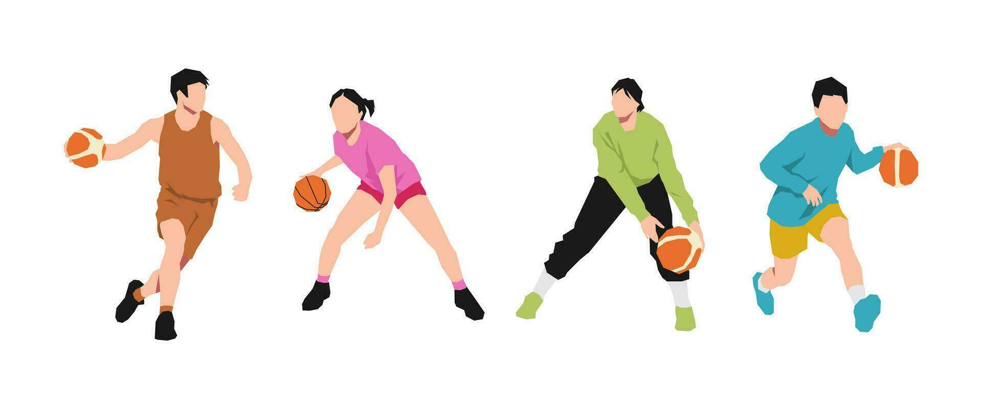 conjunto do meninas e Rapazes personagem é jogando e babar uma basquetebol. pode estar usava para basquetebol, esporte, atividade, treinamento, etc. plano vetor ilustração.