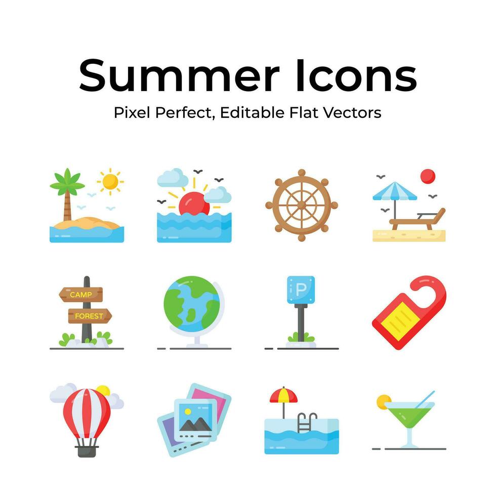 transporte você mesmo para uma tropical paraíso com isto verão ícones pacote, apresentando colorida coquetéis e de praia acessórios vetor
