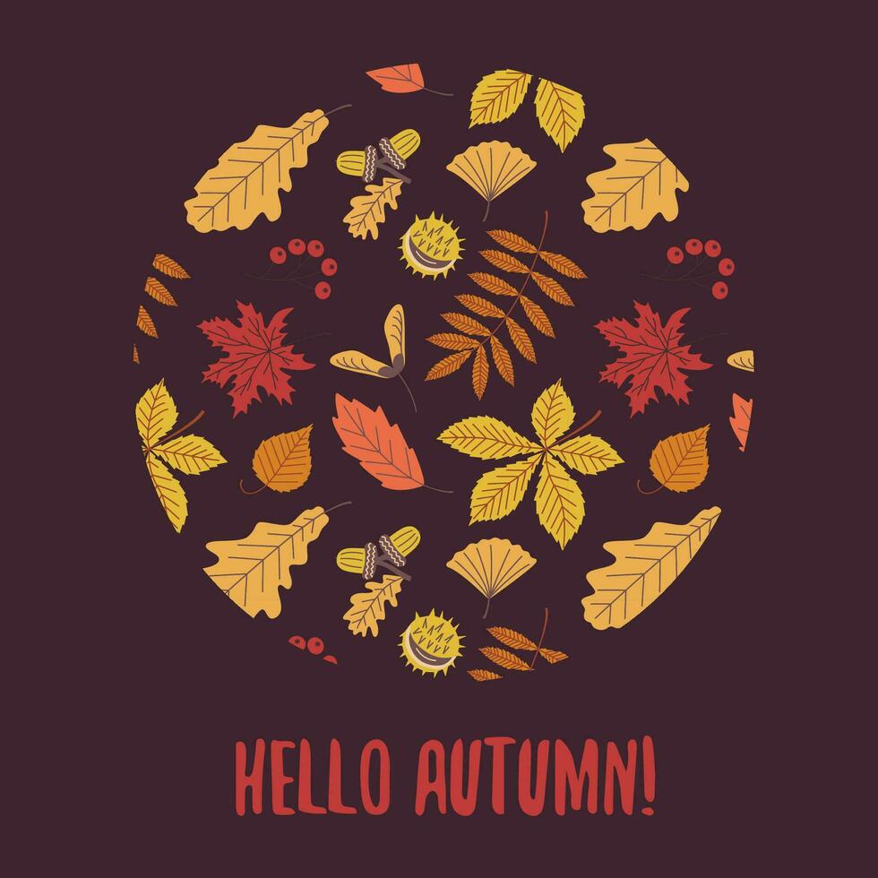 outono folhas carrinho. outono outono folhas dentro forma do círculo e inscrição Olá outono. vetor