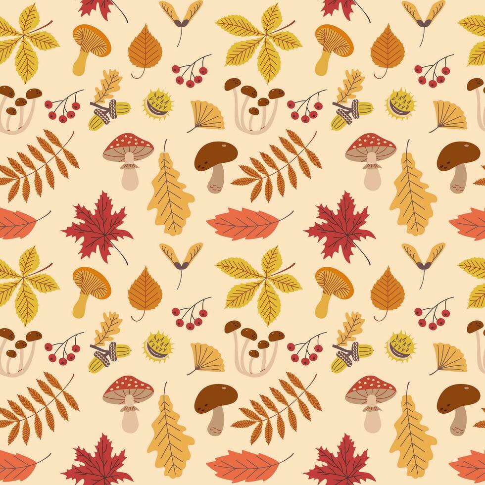 desatado padronizar do outono plantar elementos. vetor ilustração do frutas, cogumelos e folhas dentro outono cores.