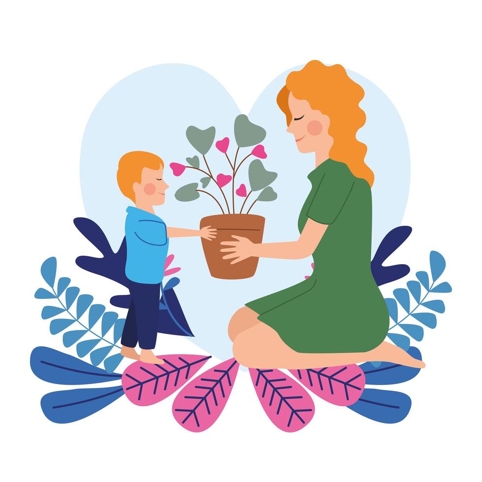 personagem feliz dia das mães com filho e flores vetor