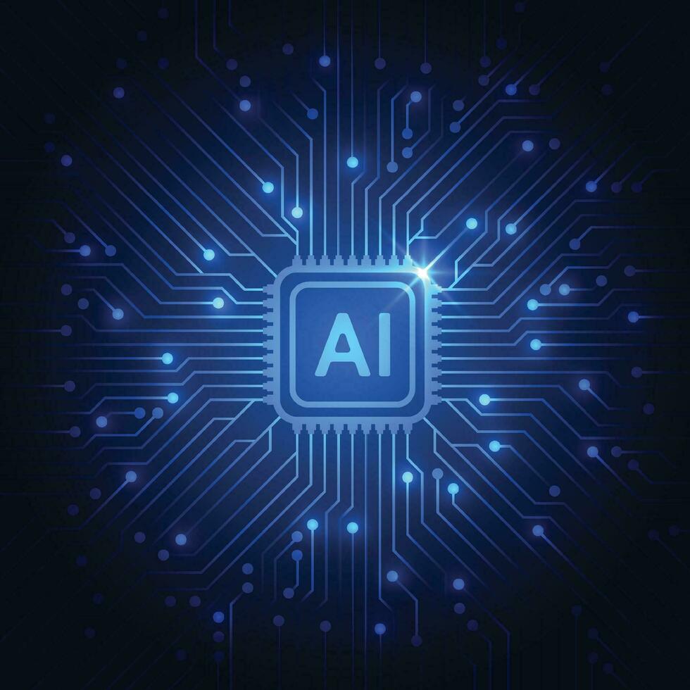 chipset de inteligência artificial na placa de circuito em arte de tecnologia de conceito futurista para web, banner, cartão, capa. ilustração vetorial vetor