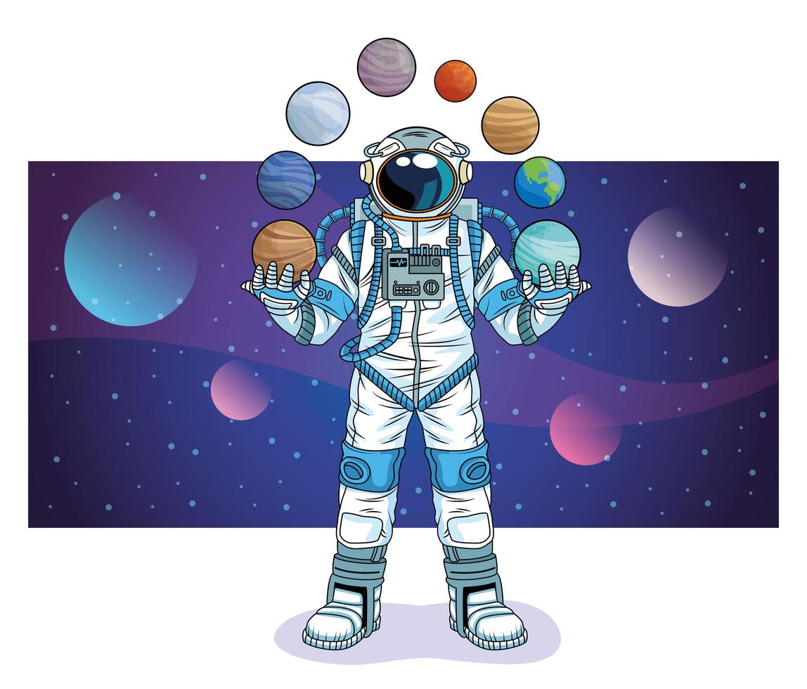 astronauta com planetas no personagem espacial vetor