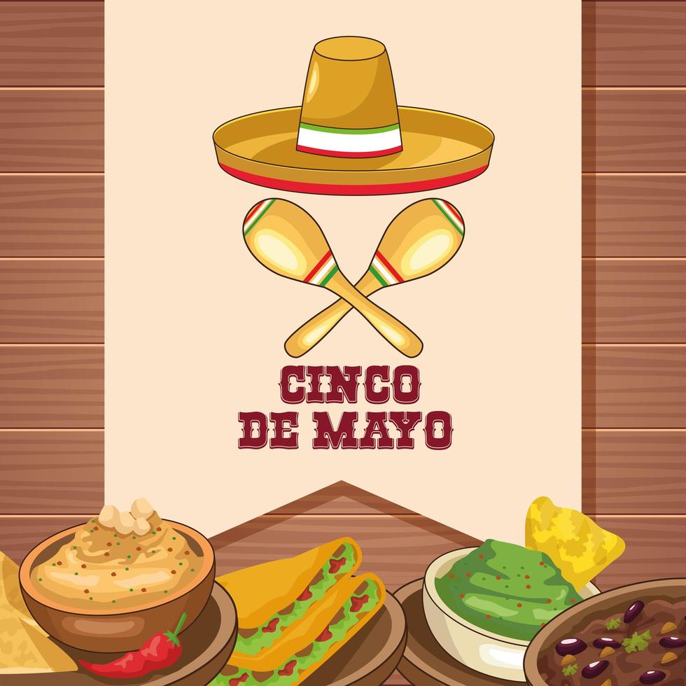 celebração do cinco de mayo com comida mexicana e chapéu vetor