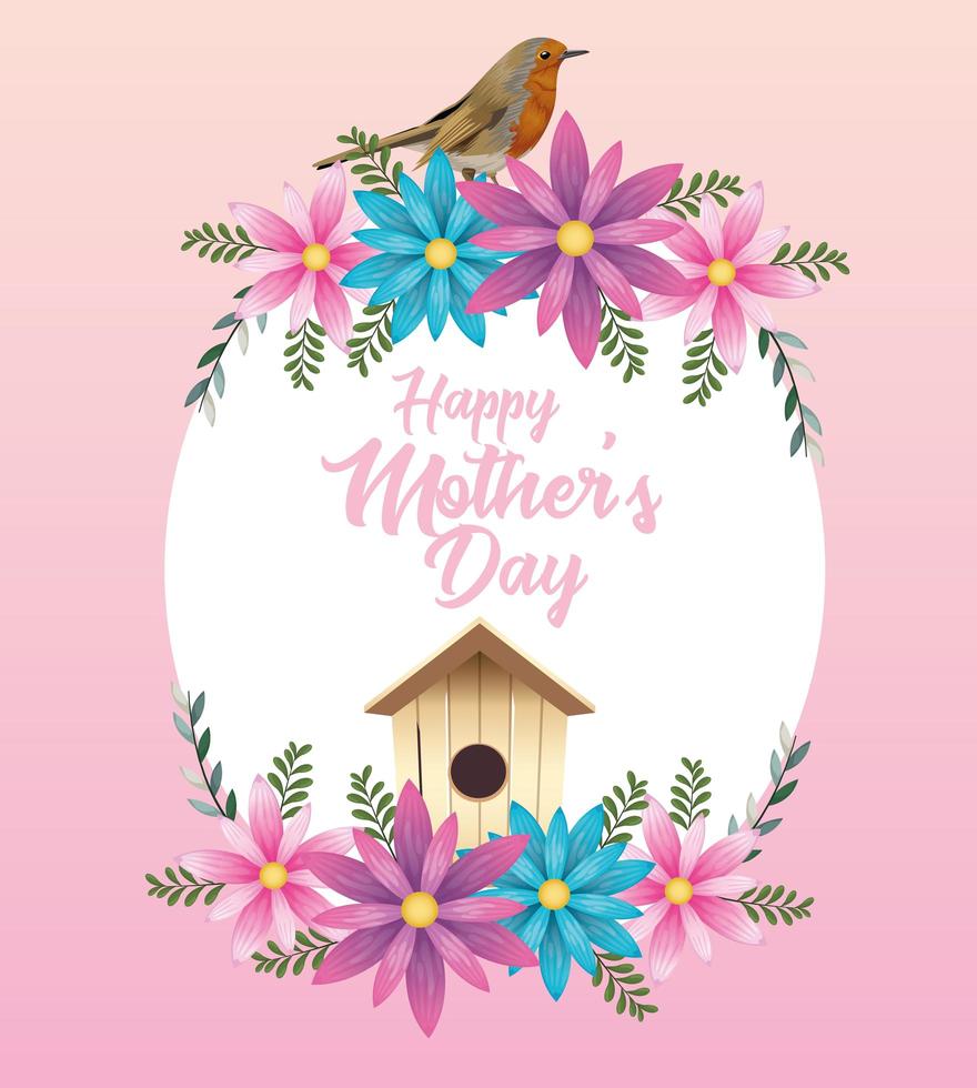 cartão de feliz dia das mães com flores e moldura circular da casa de pássaros vetor