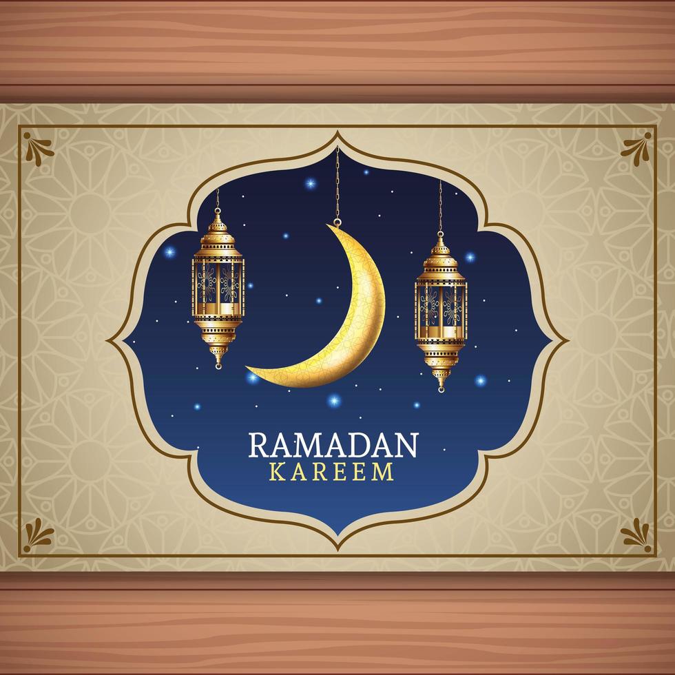 celebração ramadan kareem com lanternas penduradas e lua vetor