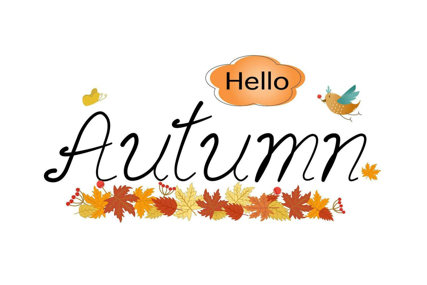 vetor - Olá outono com muitos bordo folhas, borboleta e pássaro.