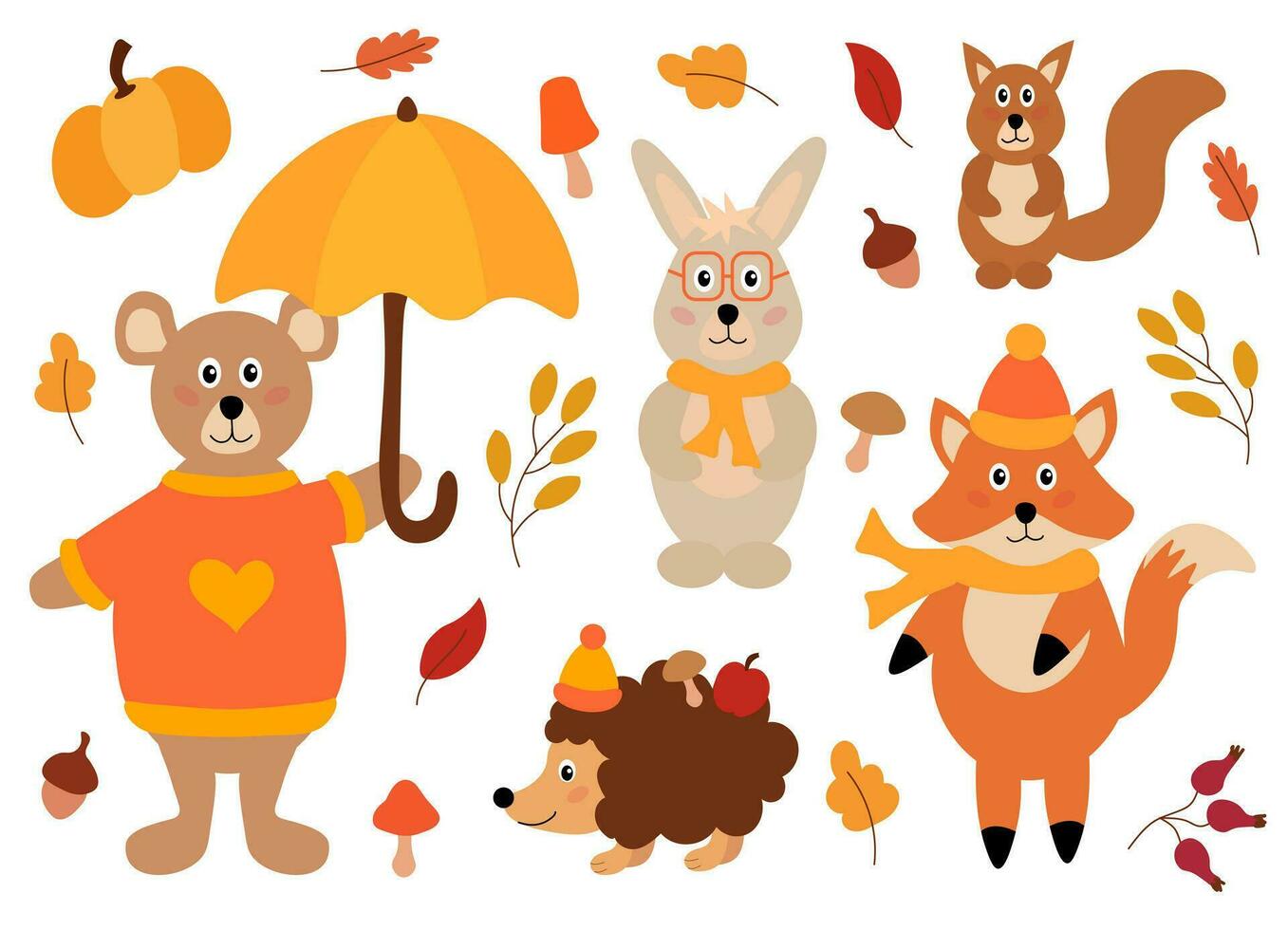 conjunto fofa outono animais com chapéu, lenço, guarda-chuva. selvagem lebre, ouriço, Raposa, esquilo e urso. acolhedor cair. vetor ilustração dentro plano estilo.