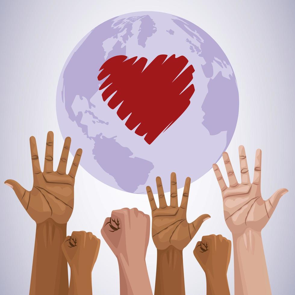 cartaz do dia internacional pare o racismo com as mãos e o coração do planeta vetor
