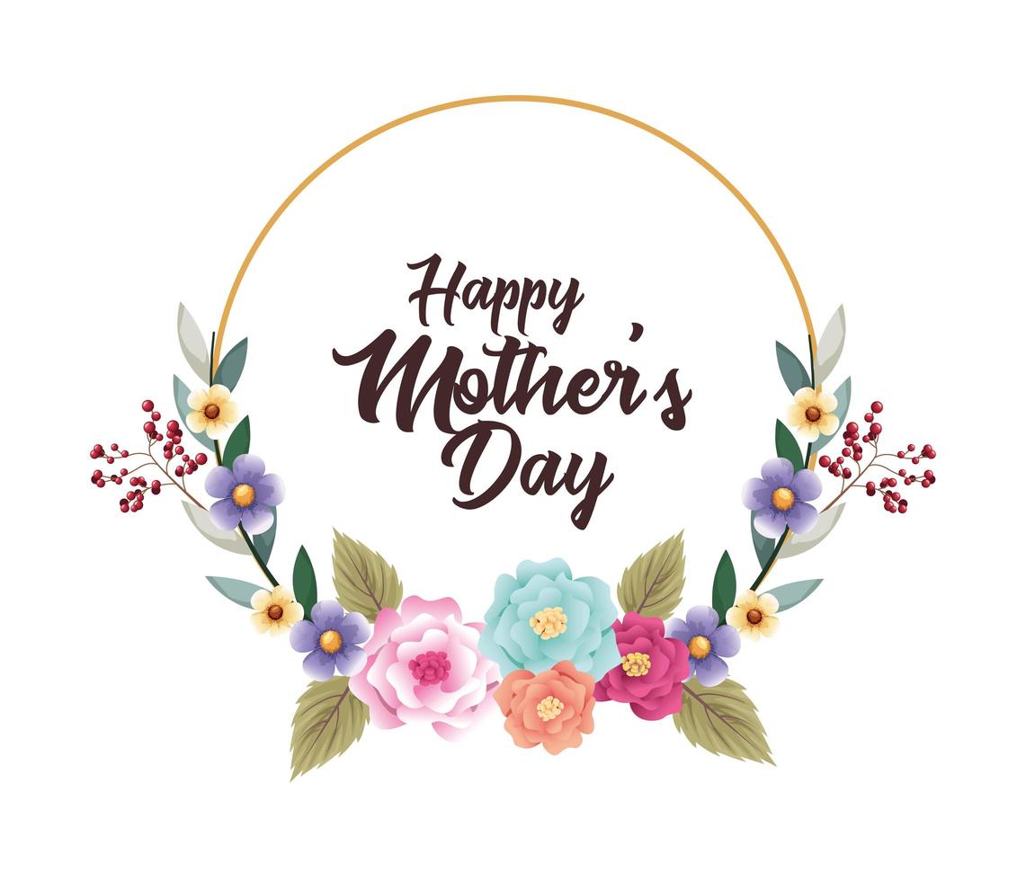 cartão de dia das mães feliz com moldura circular de flores vetor