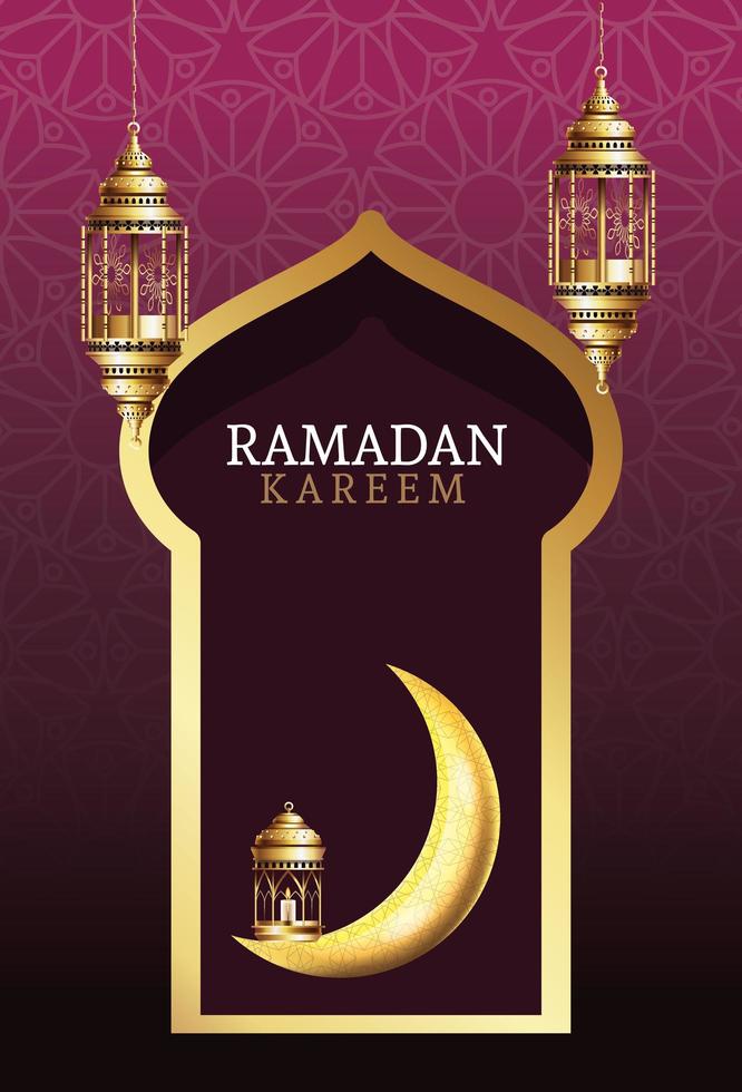 celebração ramadan kareem com lua dourada e lanterna vetor