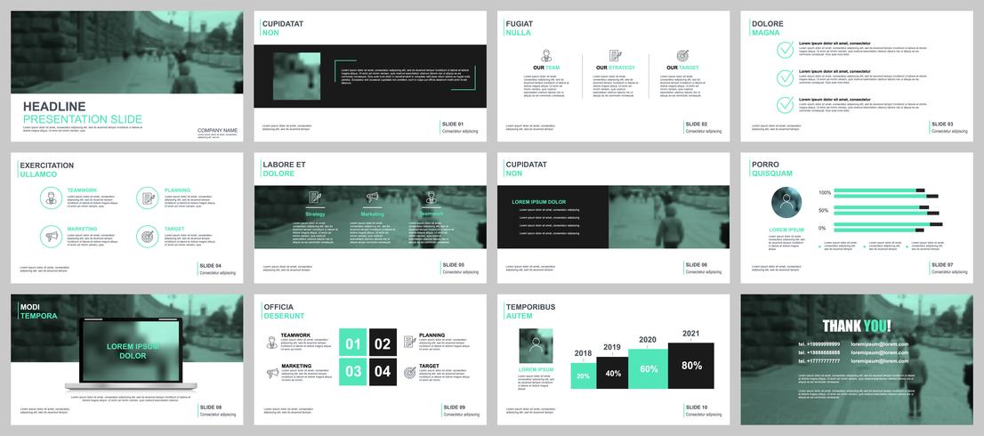 Apresentação de negócios verde e preto slides modelos de elementos de infográfico. vetor