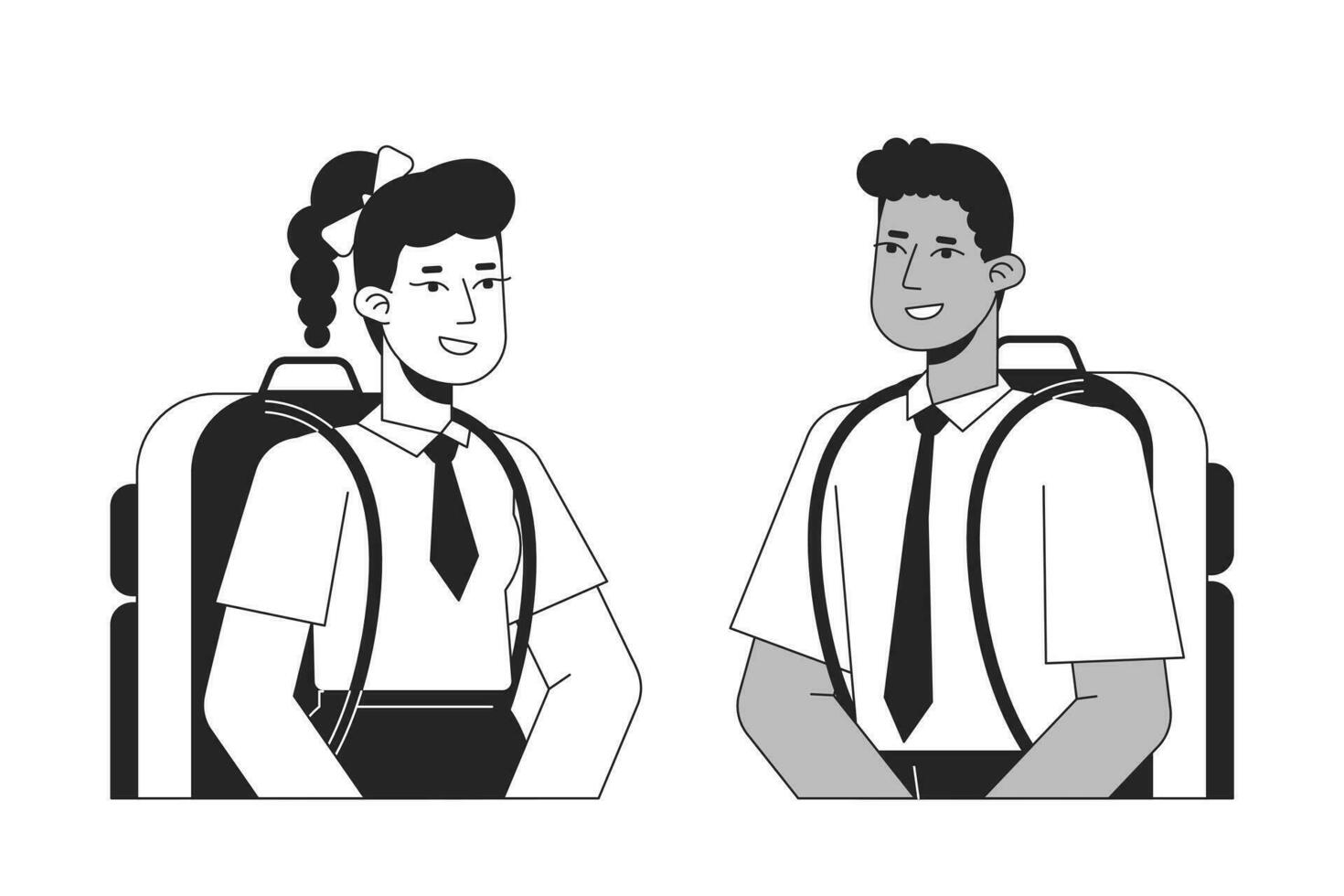 dois adolescentes Falando plano linha Preto branco vetor personagens. editável esboço metade corpo Educação personagens dentro escola uniforme em branco. simples desenho animado local ilustração para rede gráfico Projeto