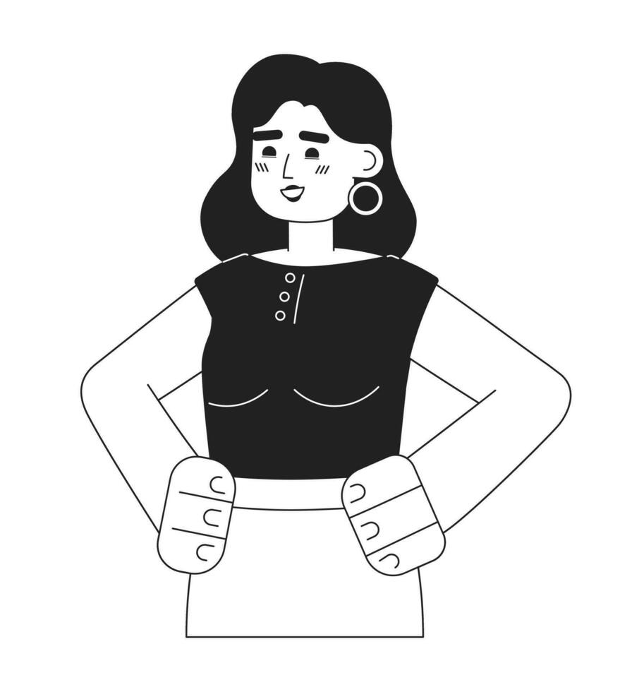 alegre Loiras mulher monocromático plano vetor personagem. editável fino linha metade corpo otimista empreendedor em branco. simples bw desenho animado local imagem para rede gráfico Projeto