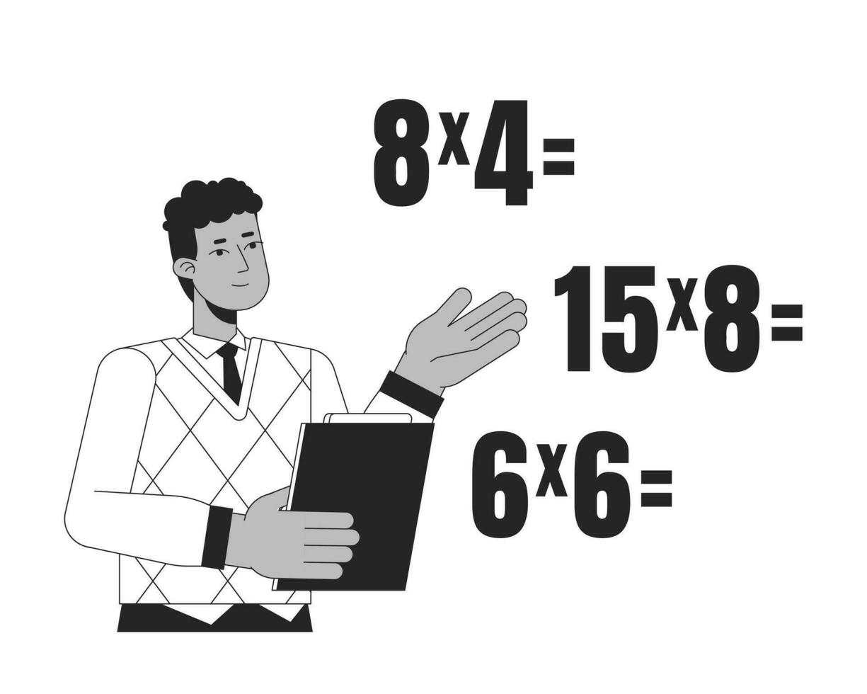 africano americano professor ensino matemática plano linha Preto branco vetor personagem. editável esboço metade corpo homem mostrar matemática exercícios em branco. Educação simples desenho animado local ilustração para rede gráfico