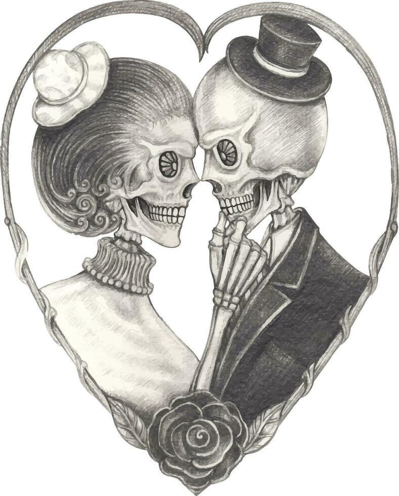 casal dentro amor Casamento crânio. mão desenhando e faço gráfico vetor. vetor