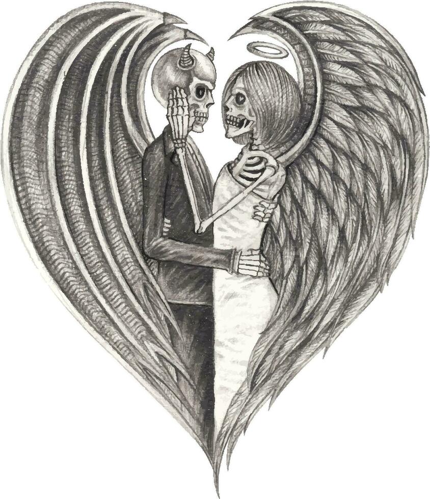 casal dentro amor fantasia diabo e anjo crânios. mão desenhando e faço gráfico vetor. vetor