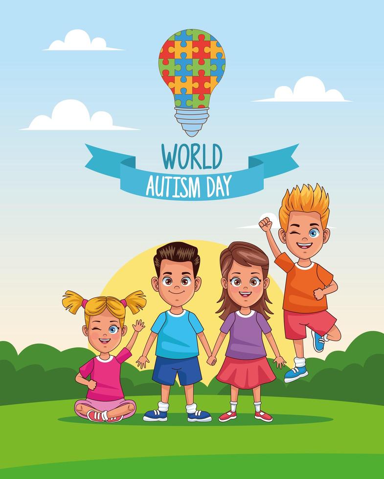 crianças do dia mundial do autismo com lâmpada de quebra-cabeça na paisagem vetor