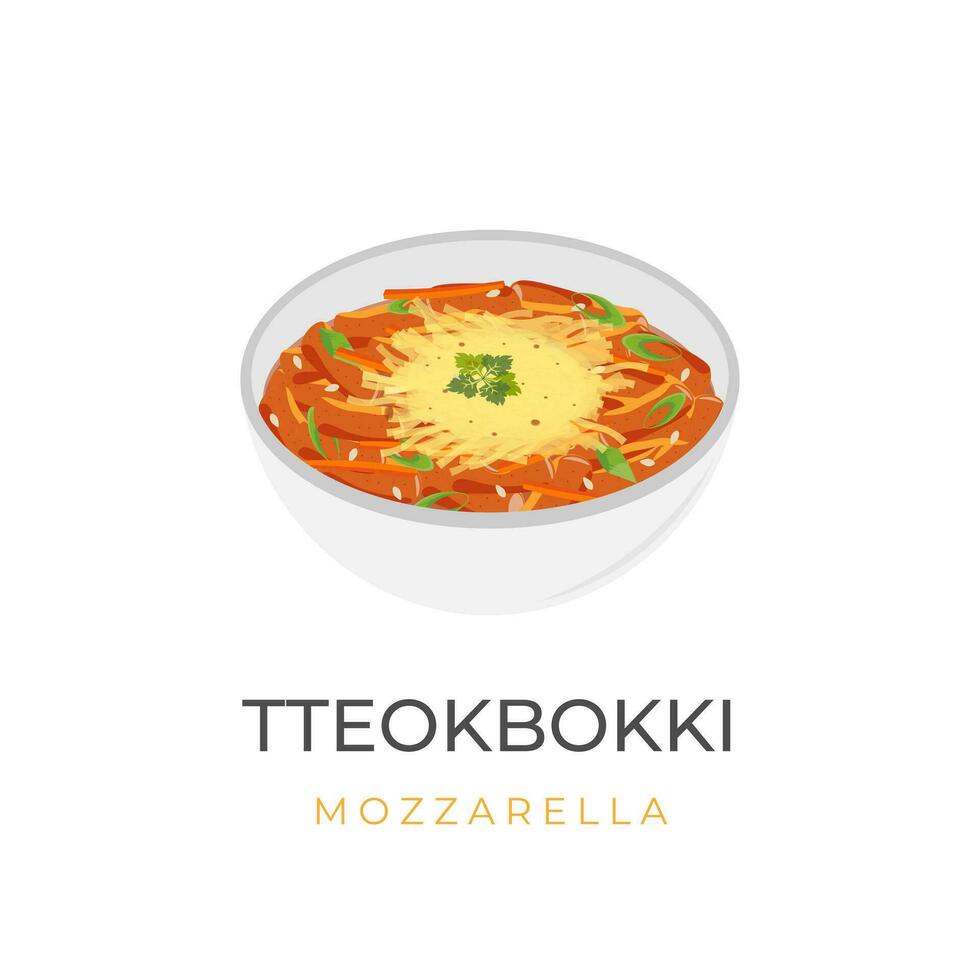 ilustração logotipo coreano arroz bolo tteokbokki com queijo dentro uma tigela vetor