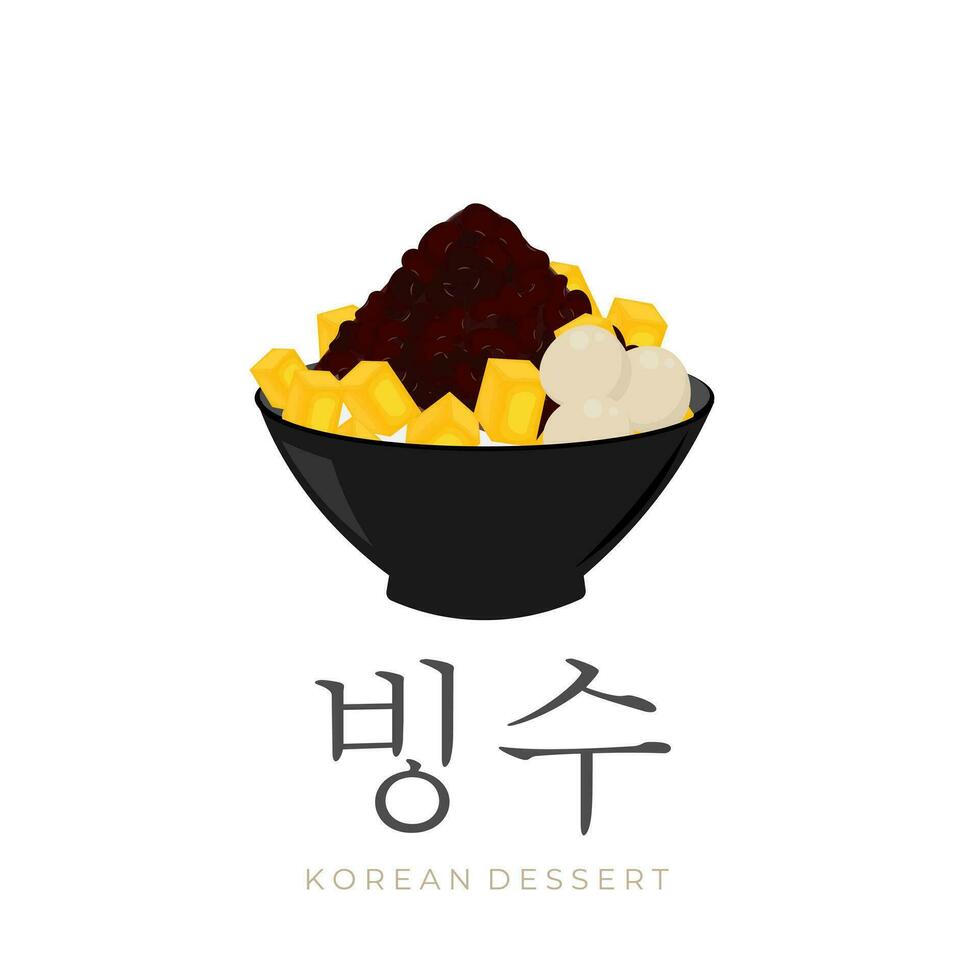 coreano doce vermelho feijão raspada gelo ilustração logotipo bingsu com adicionado manga fruta vetor