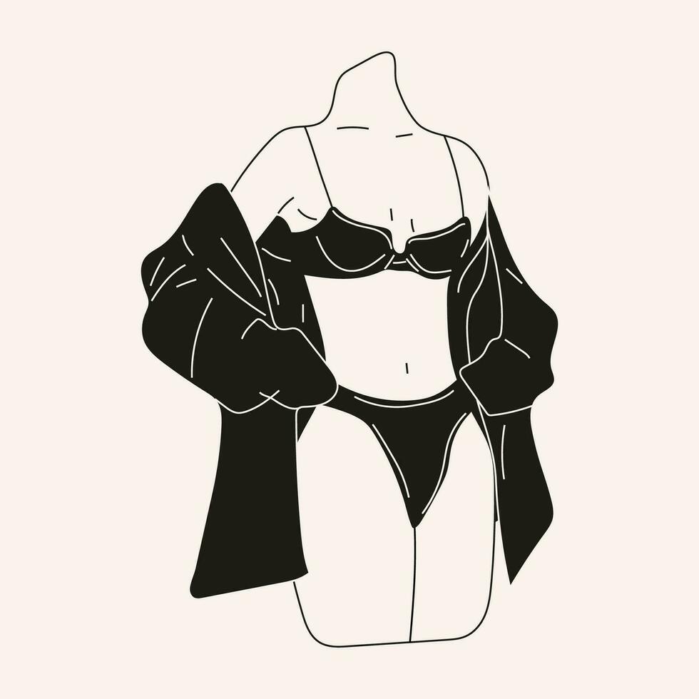 Preto e branco lindo jovem mulher dentro roupa de baixo. mão desenhado vetor ilustração. desenho animado estilo.