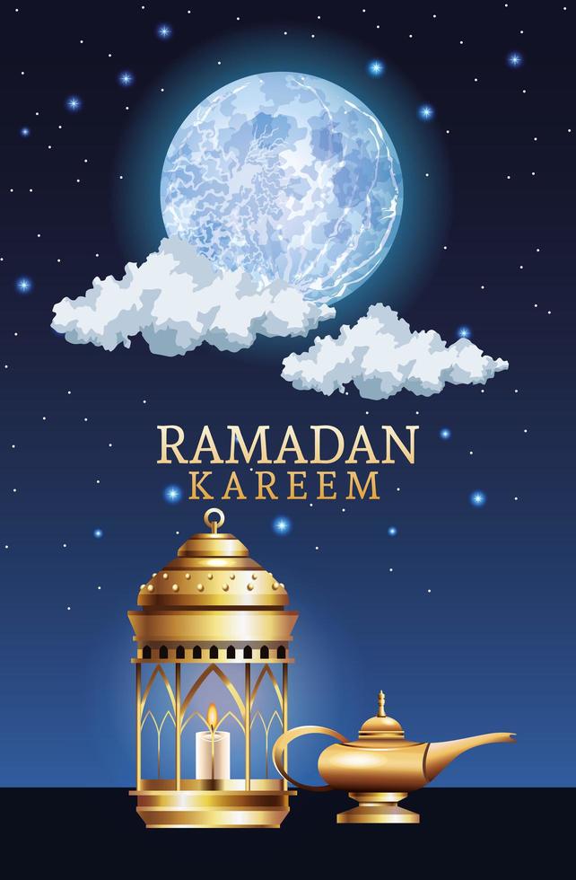 celebração ramadan kareem com lanternas e lâmpada mágica vetor