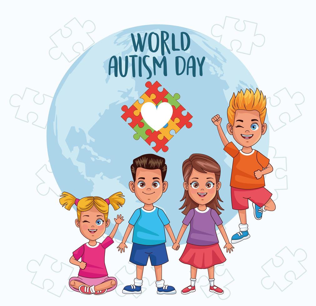 crianças do dia mundial do autismo com quebra-cabeça do coração na