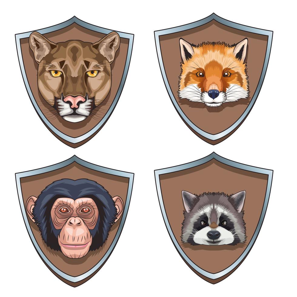 pacote de quatro personagens de cabeças de animais em escudos vetor