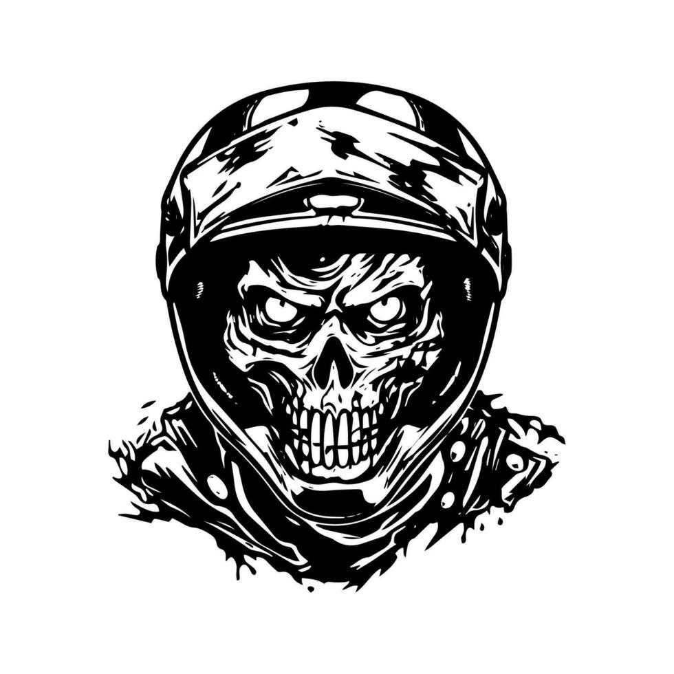 crânio zumbi vestindo motocicleta motociclista capacete logotipo vetor