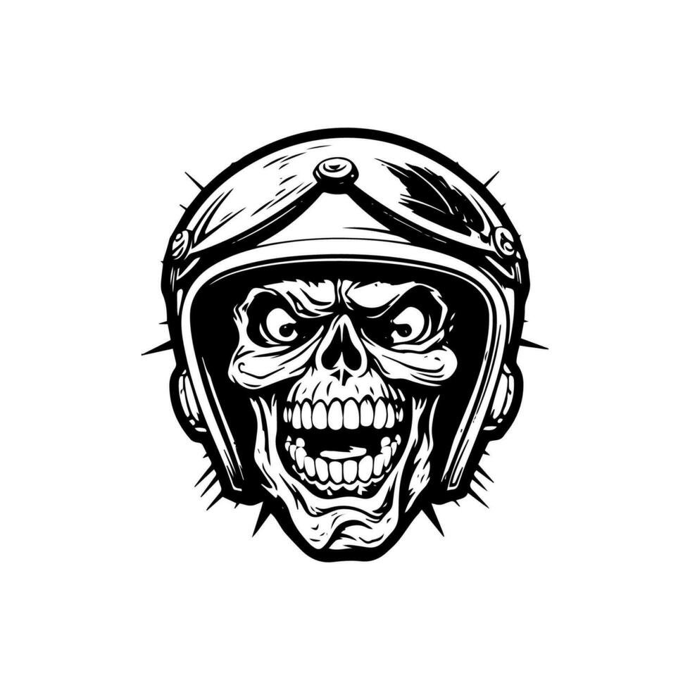 único mão desenhado logotipo Projeto apresentando uma crânio zumbi com uma motocicleta motociclista capacete, representando rebelião, perigo, e uma destemido espírito vetor