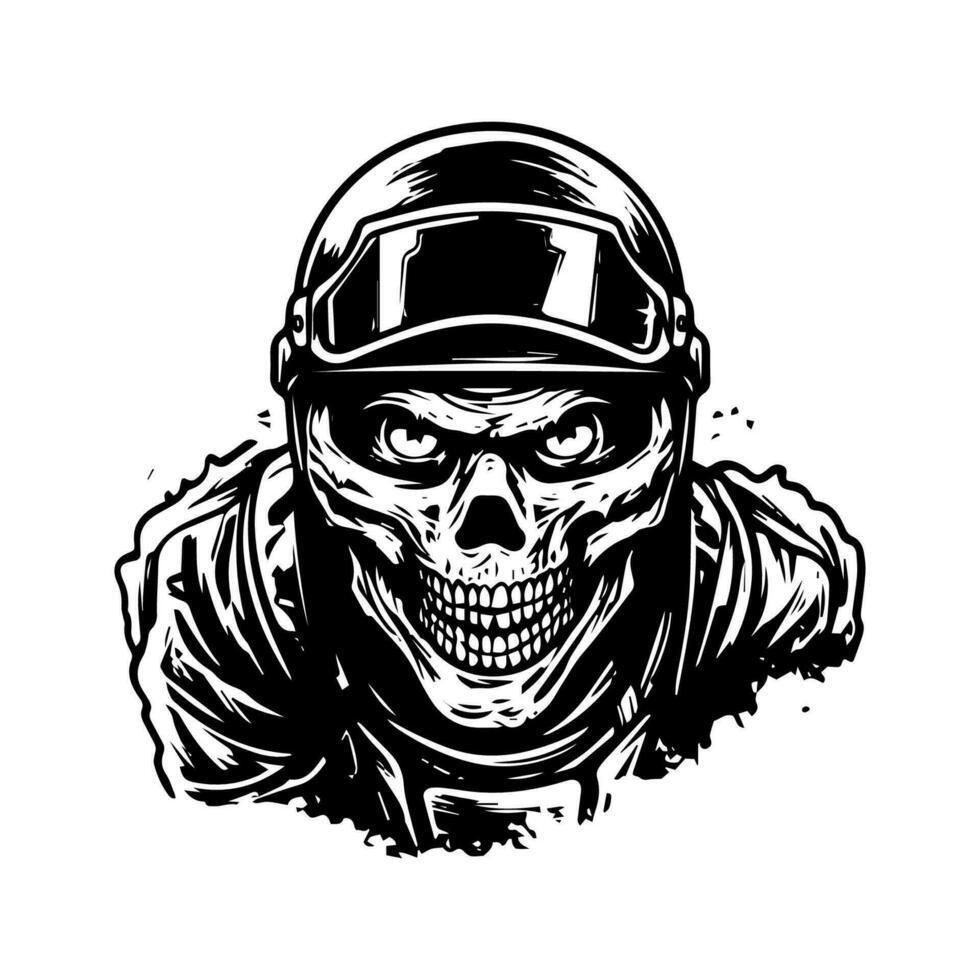 crânio zumbi vestindo motocicleta motociclista capacete logotipo vetor