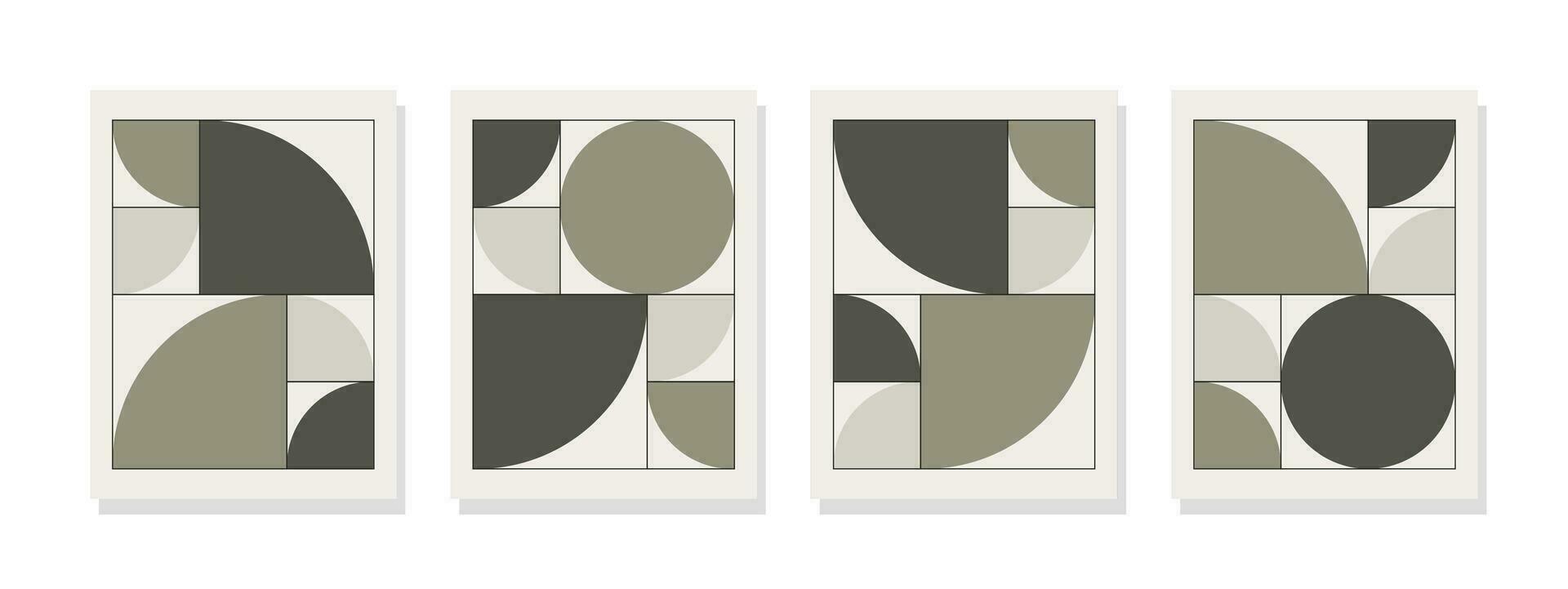 minimalista estilo boho parede arte com dinâmico geométrico formas, Incluindo semicírculos e círculos dentro natural verde. perfeito para quarto decoração. vetor