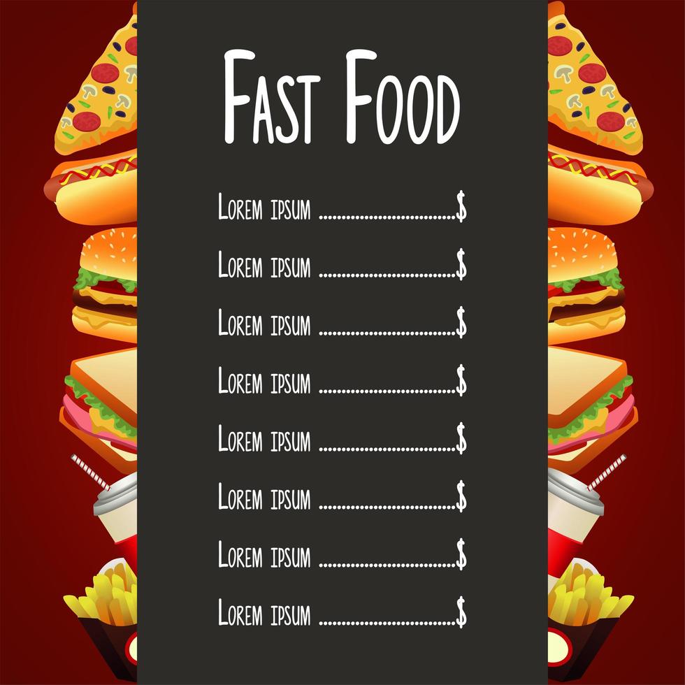 modelo de menu de lista de fast food delicioso em fundo vermelho e cinza vetor