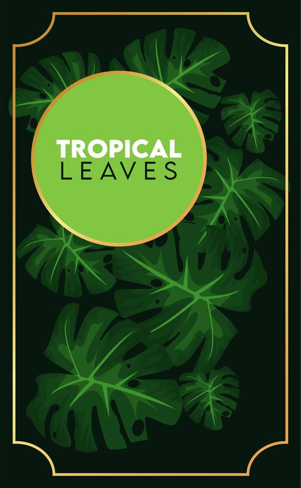 cartaz de letras de folhas tropicais com moldura circular verde em fundo preto vetor
