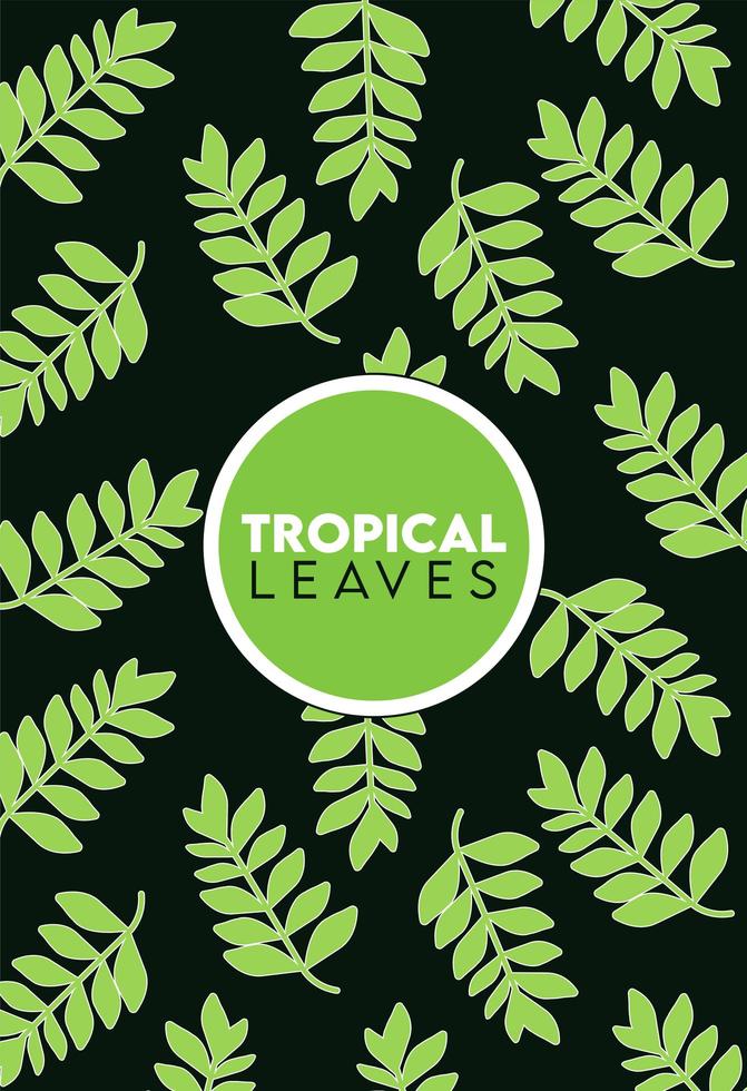 cartaz de letras de folhas tropicais com padrão de folhas em fundo preto vetor