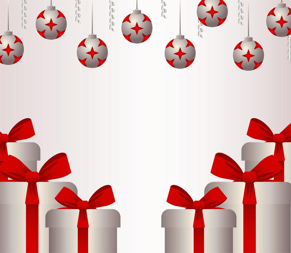 cartão de feliz natal feliz com presentes de prata e bolas vetor