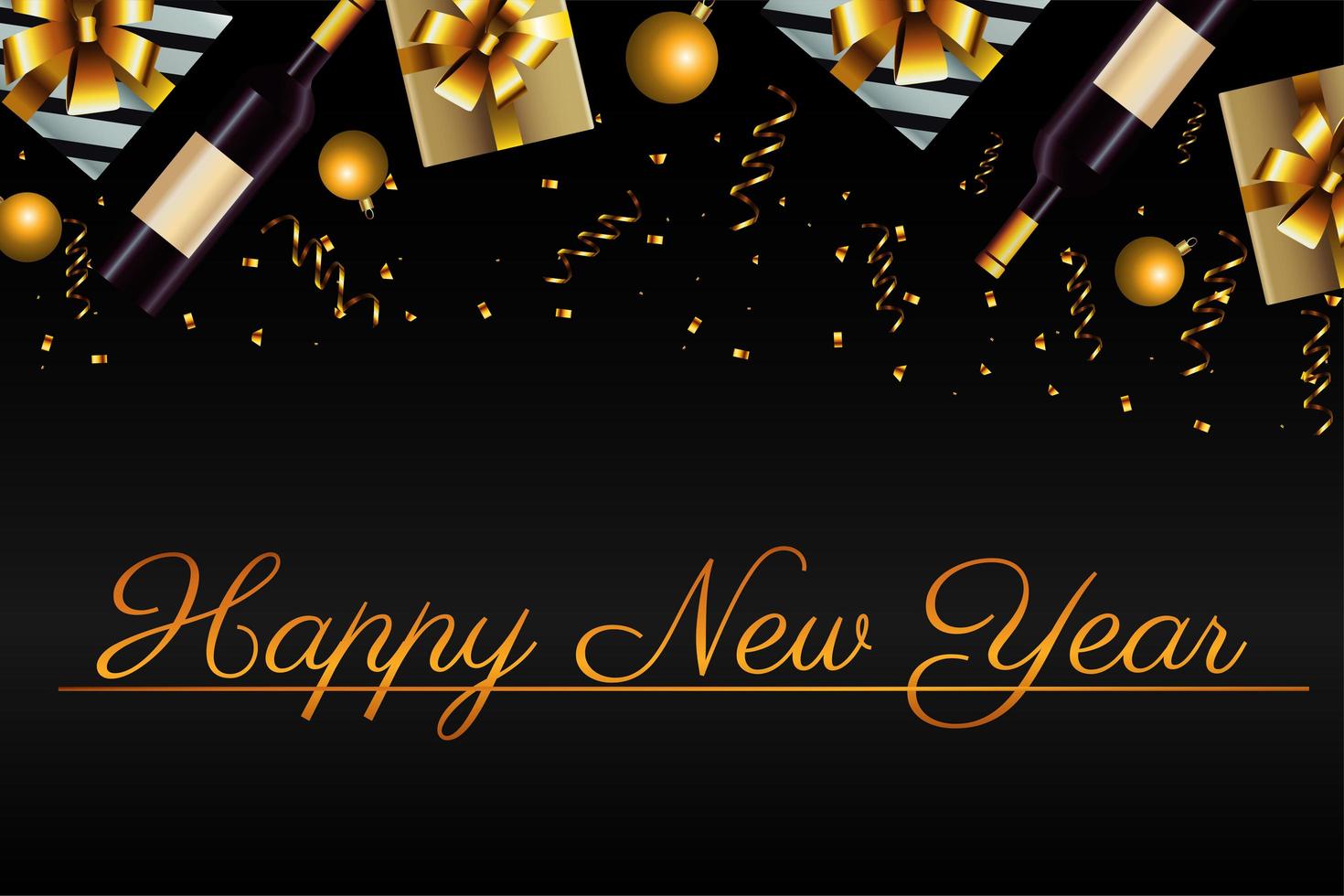 cartão de feliz ano novo letras com presentes e champanhe vetor