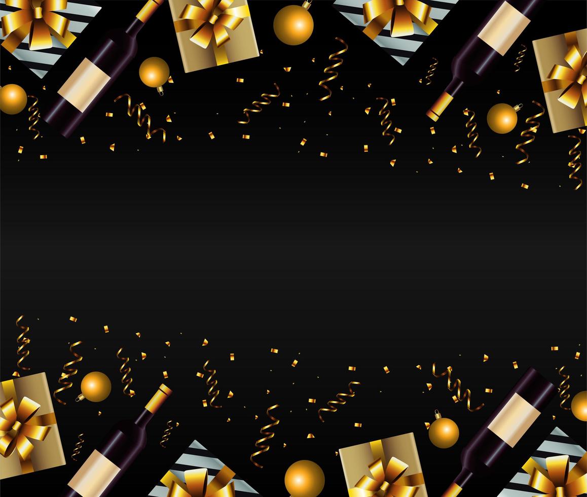 cartão de feliz ano novo com presentes e champanhe vetor