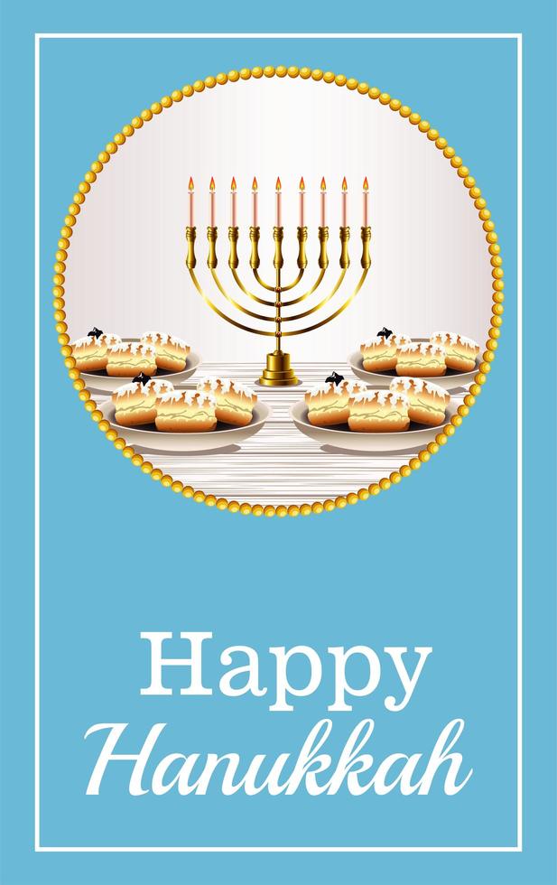 letras de celebração feliz hanukkah com lustre dourado e rosquinhas doces vetor