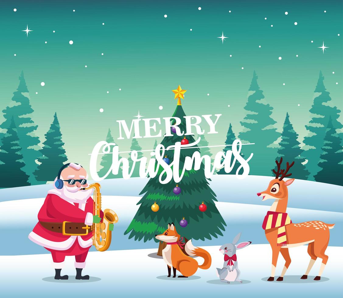 cartão de letras de feliz Natal com o Papai Noel tocando saxo e animais vetor