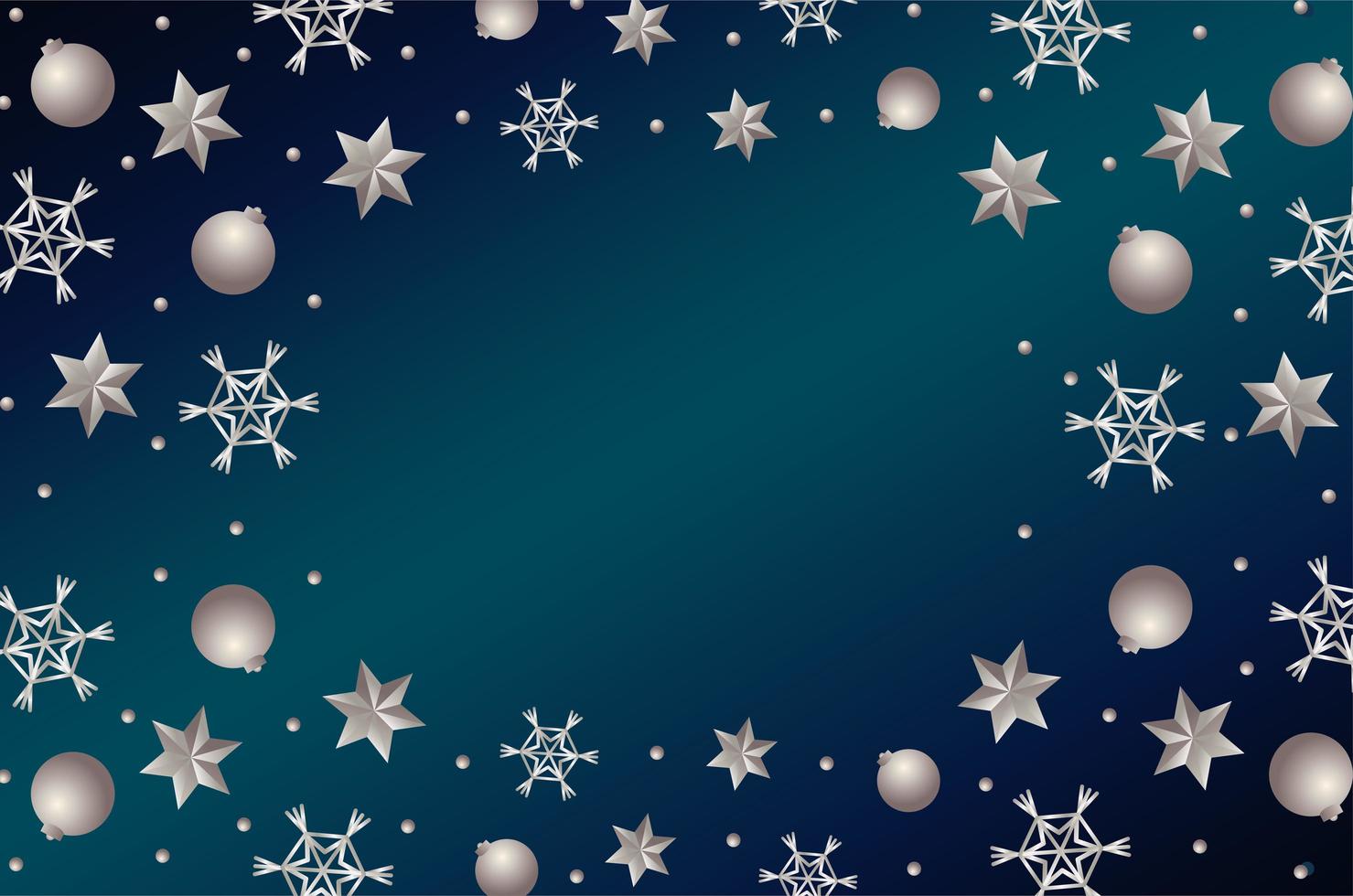 feliz feliz natal estrelas de prata e quadro de bolas vetor