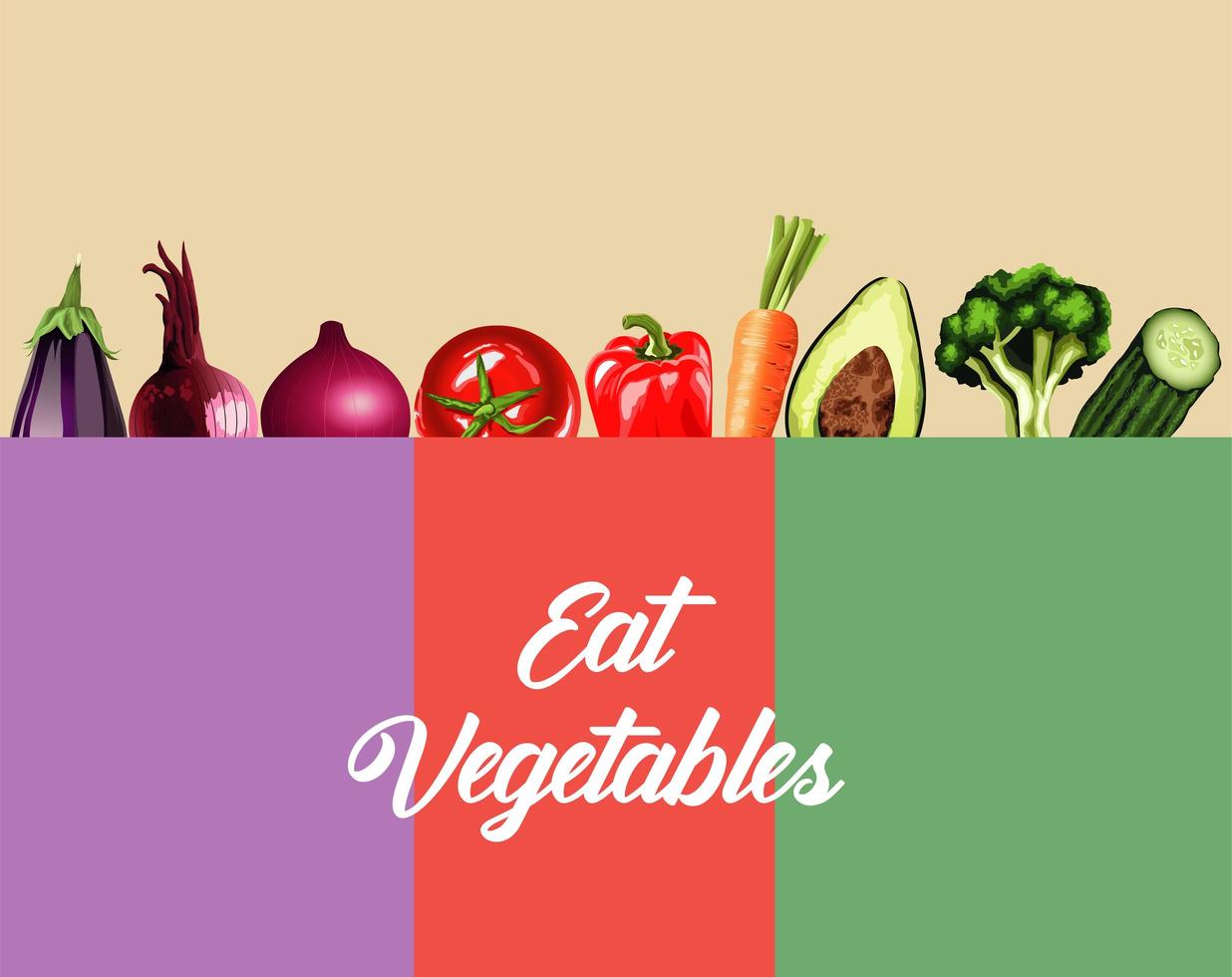 comer vegetais rotulação pôster com comida saudável no quadro de cores vetor