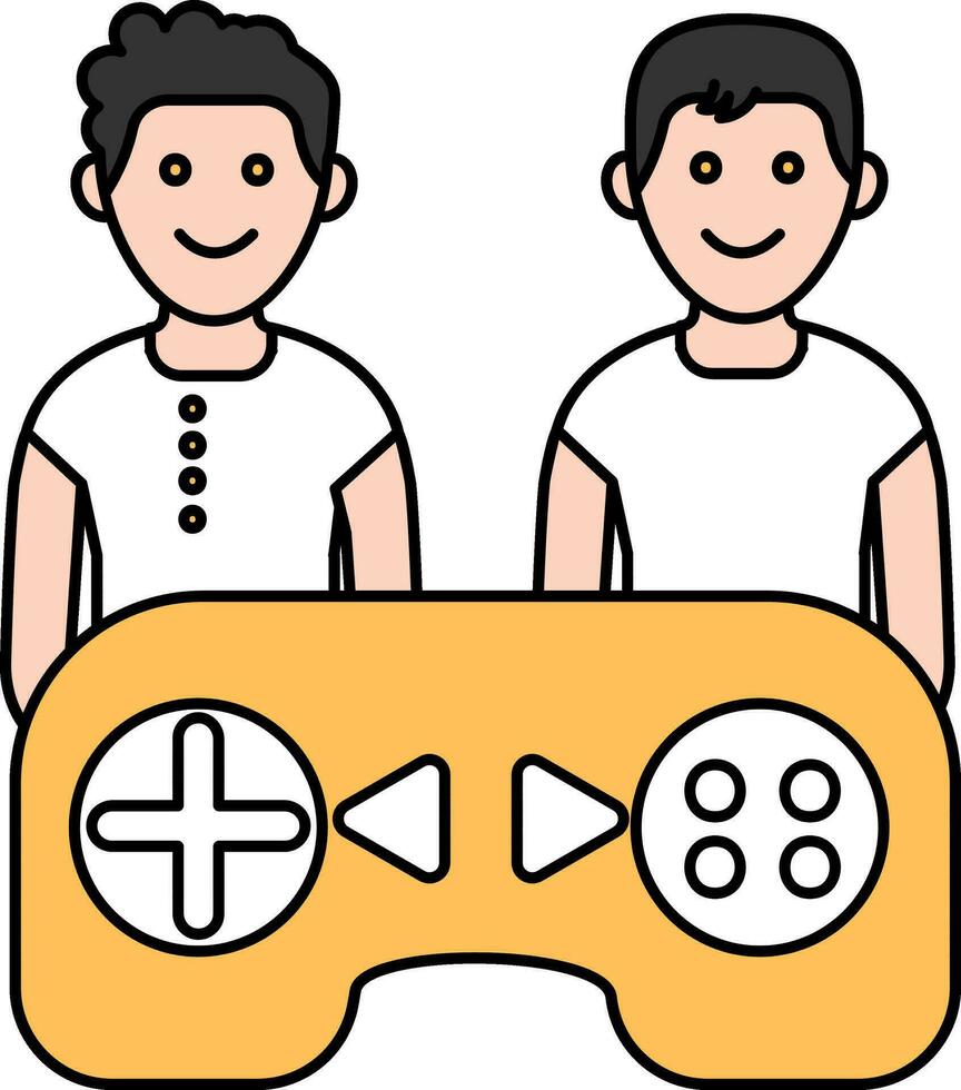 Rapazes jogando vídeo jogos com 1 controle ícone dentro amarelo e branco cor. vetor