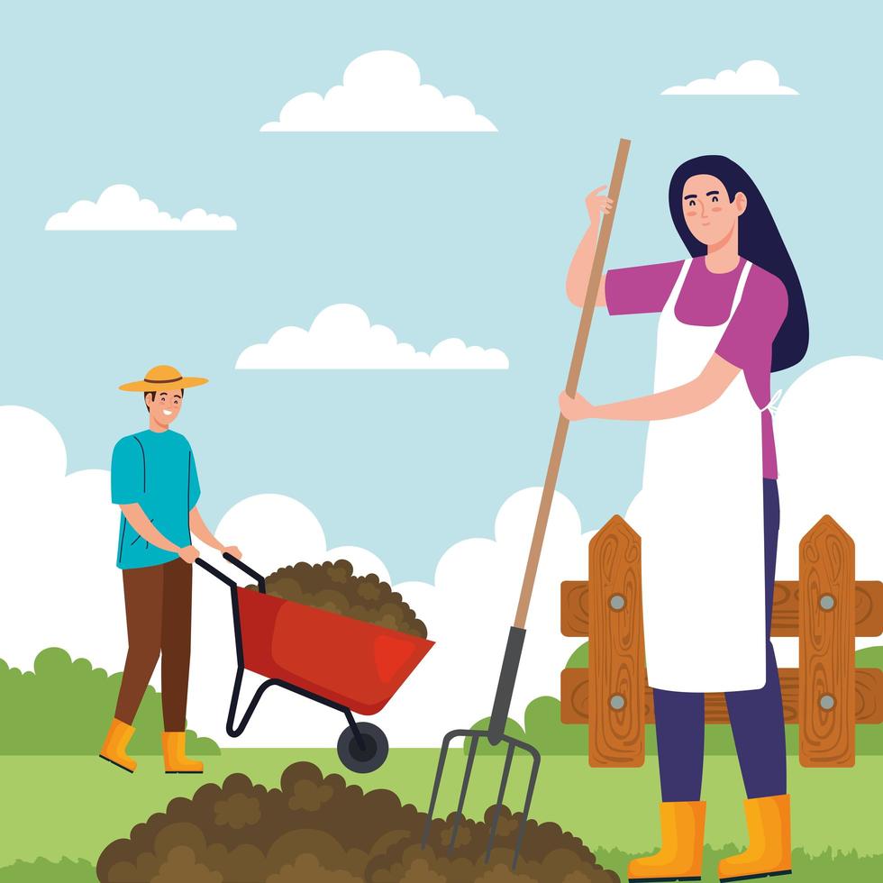 jardinagem homem e mulher com desenho vetorial de ancinho e carrinho de mão vetor