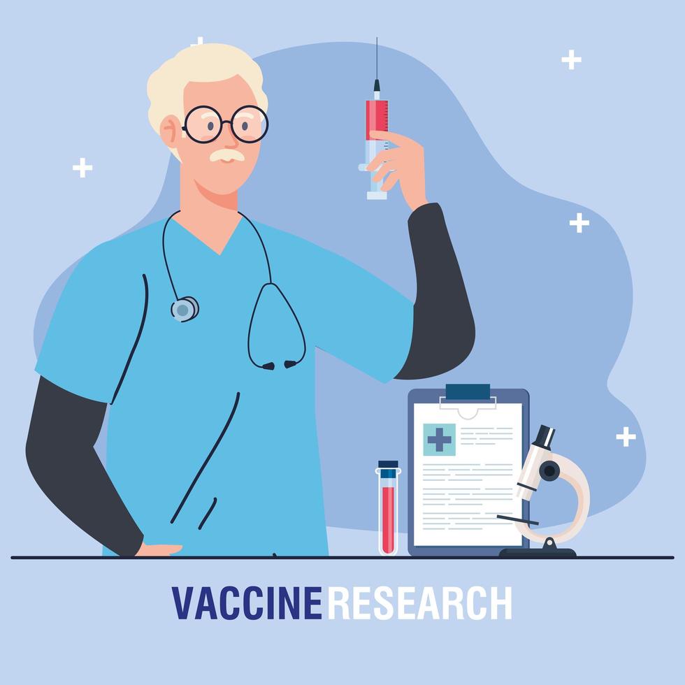 vacina médica pesquisa médico com seringa e instrumentos de laboratório vacina contra coronavírus covid19 vetor